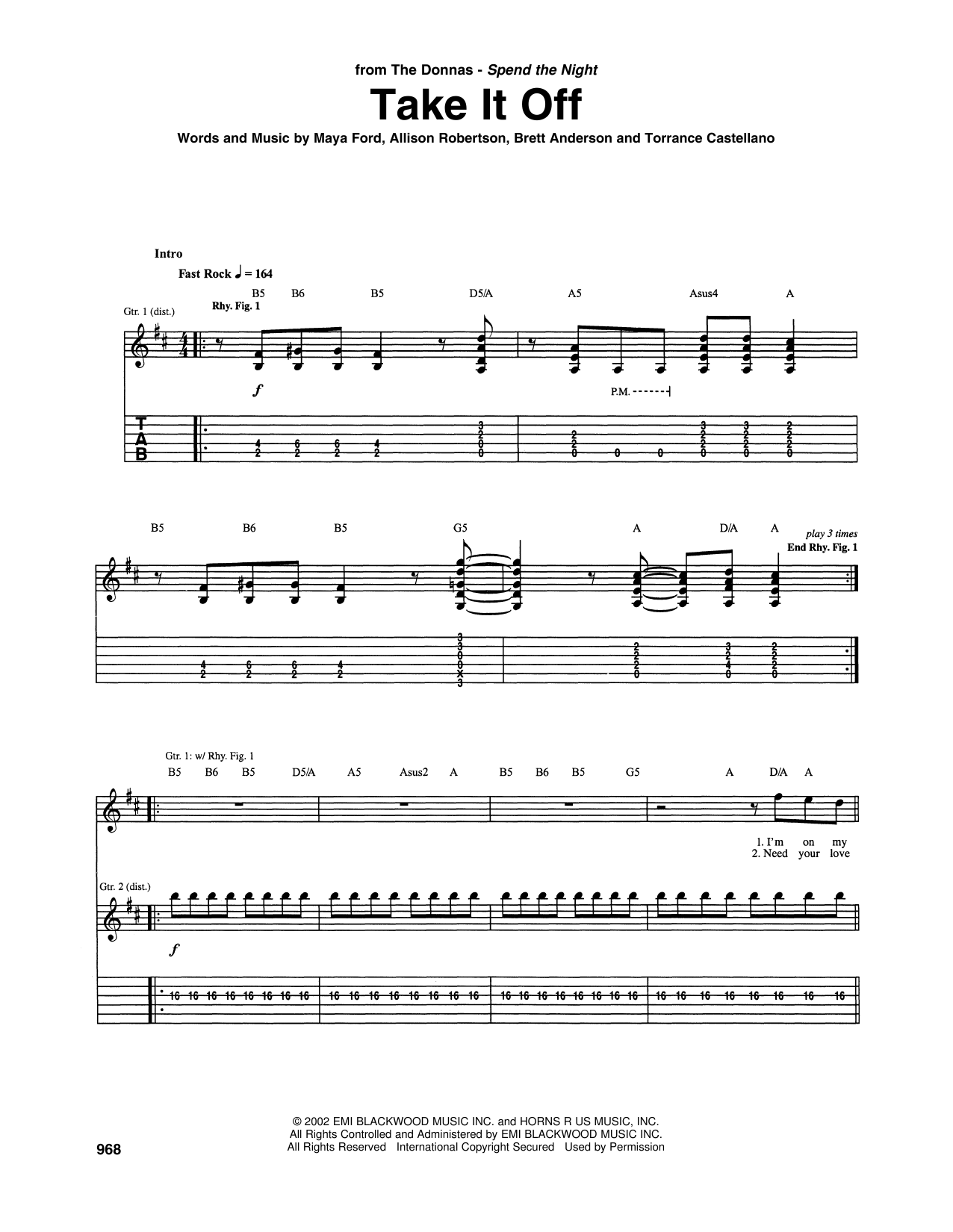 The Donnas Take It Off Sheet Music Notes & Chords for Guitar Tab - Download or Print PDF
