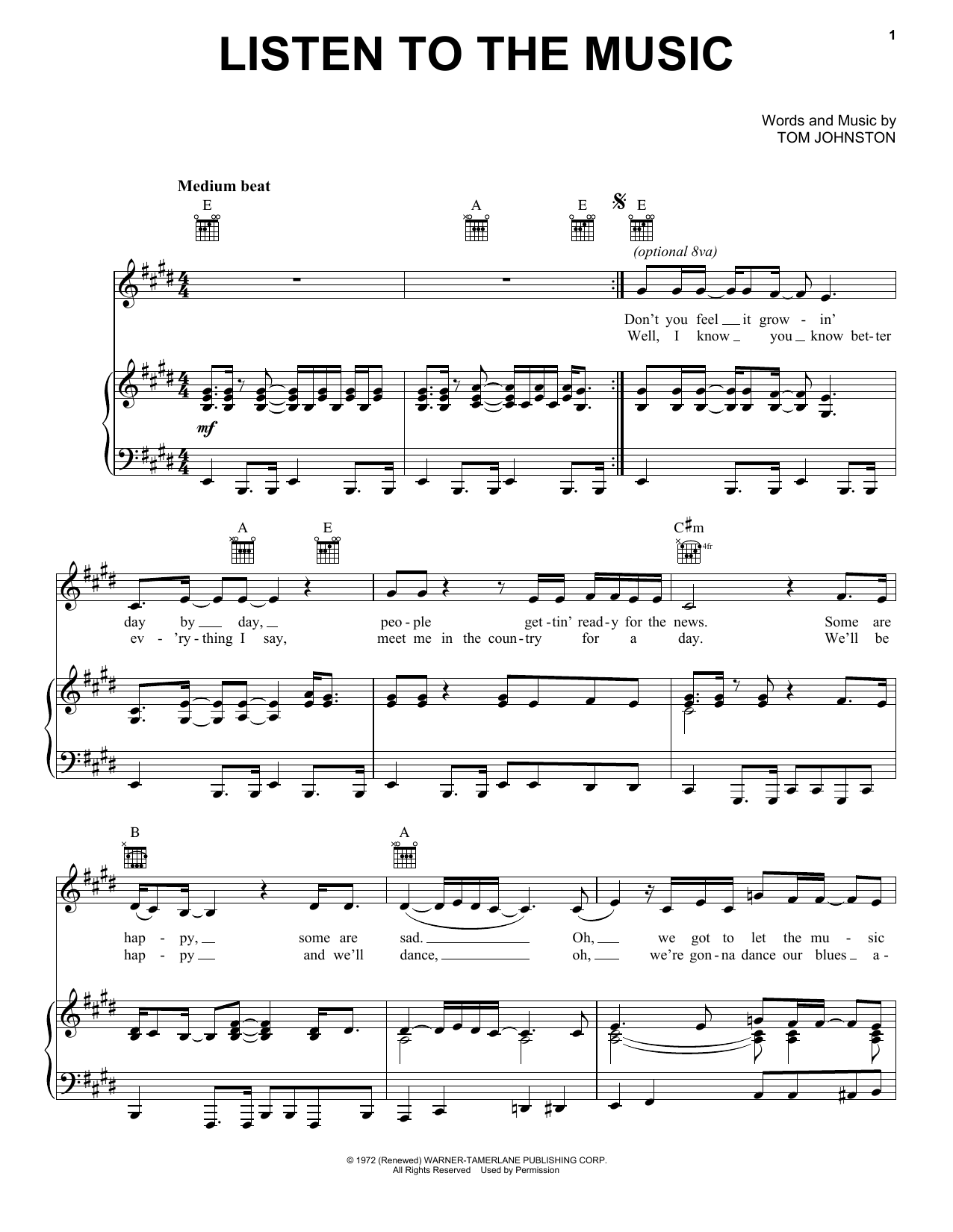 The Doobie Brothers Listen To The Music Sheet Music Notes & Chords for Piano & Vocal - Download or Print PDF