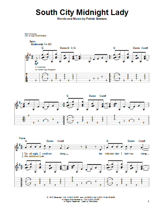 The Doobie Brothers South City Midnight Lady Sheet Music Notes & Chords for Guitar Tab Play-Along - Download or Print PDF