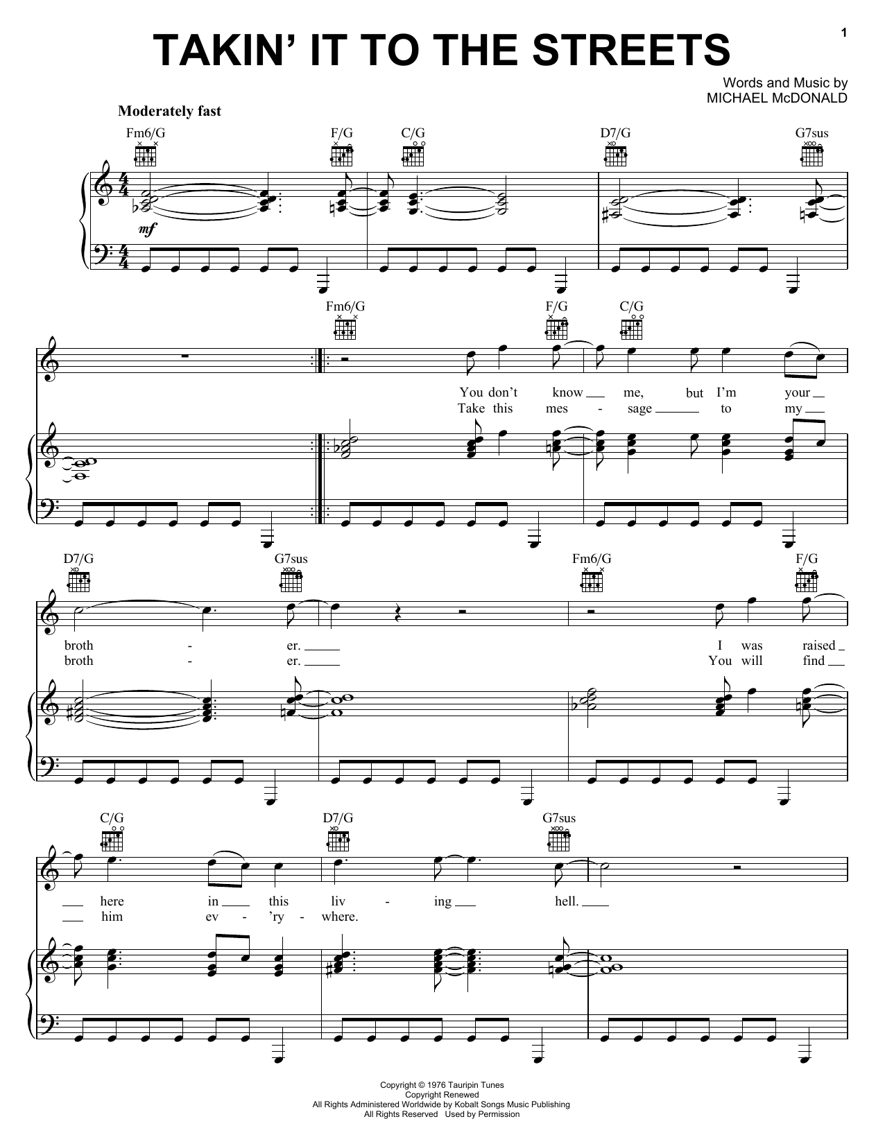 Michael McDonald Takin' It To The Streets Sheet Music Notes & Chords for Piano, Vocal & Guitar (Right-Hand Melody) - Download or Print PDF