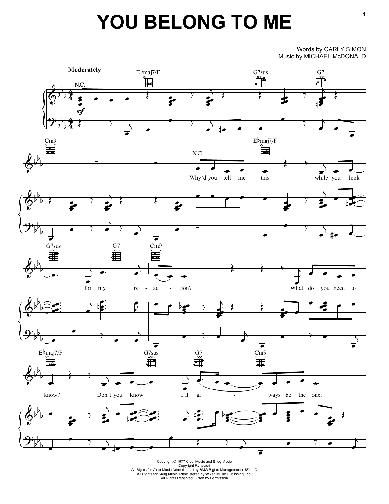 The Doobie Brothers You Belong To Me Sheet Music Notes & Chords for Piano, Vocal & Guitar (Right-Hand Melody) - Download or Print PDF