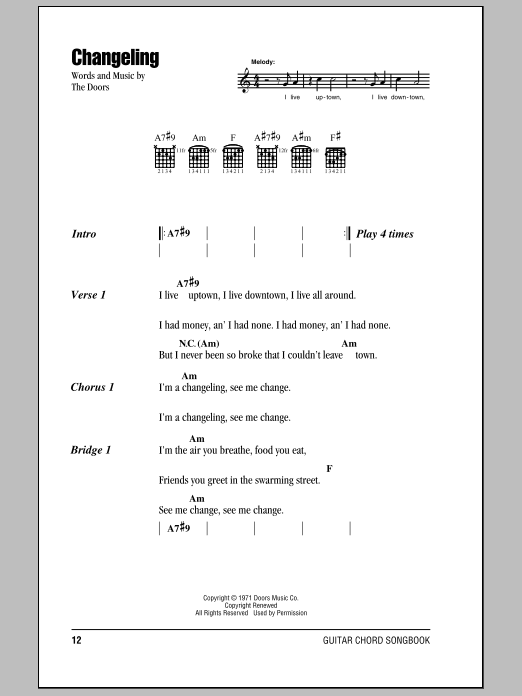 The Doors Changeling Sheet Music Notes & Chords for Guitar Chords/Lyrics - Download or Print PDF