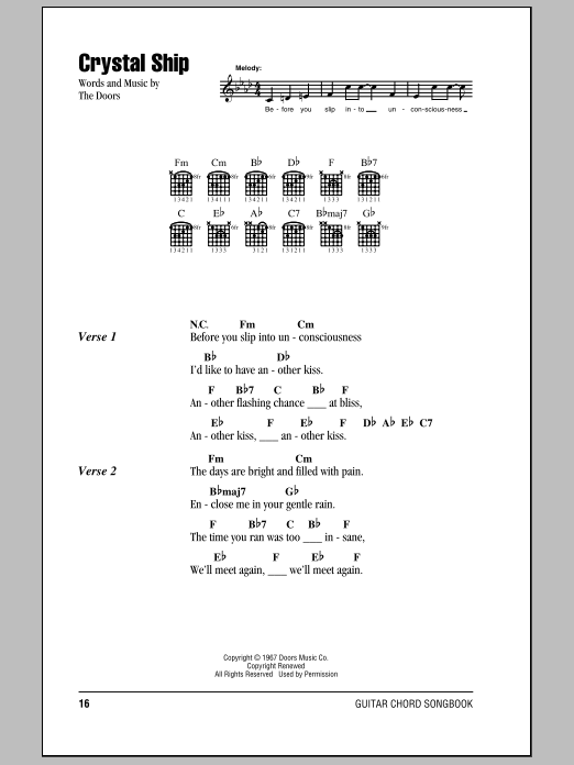 The Doors Crystal Ship Sheet Music Notes & Chords for Piano, Vocal & Guitar (Right-Hand Melody) - Download or Print PDF