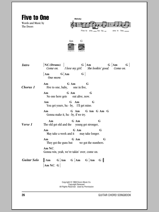 The Doors Five To One Sheet Music Notes & Chords for Really Easy Guitar - Download or Print PDF