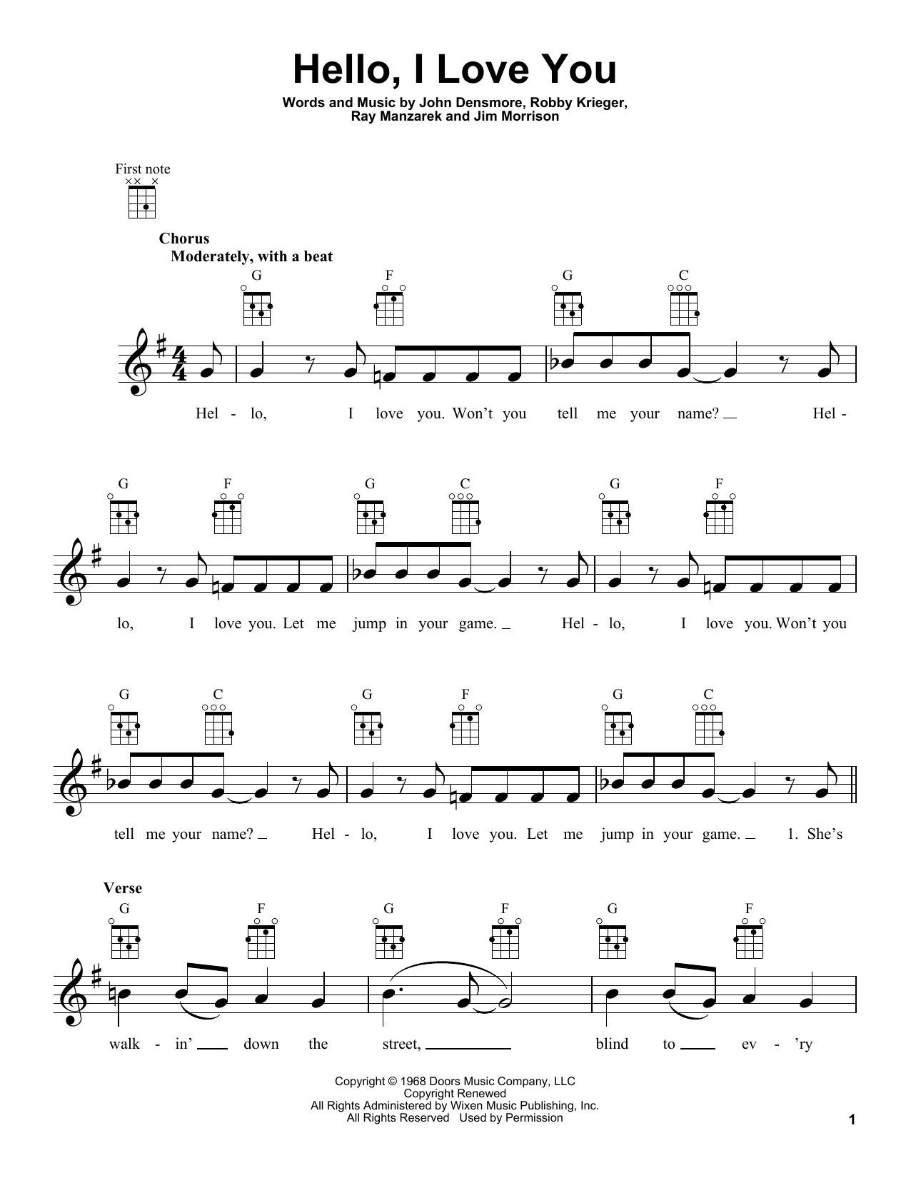 The Doors Hello, I Love You Sheet Music Notes & Chords for Really Easy Guitar - Download or Print PDF