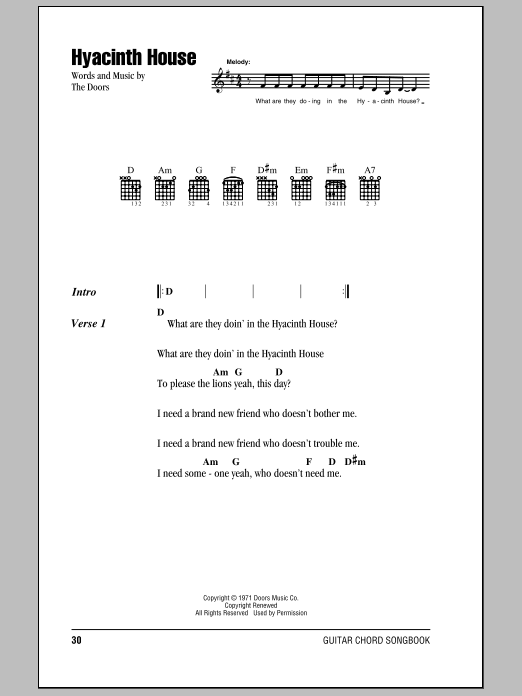 The Doors Hyacinth House Sheet Music Notes & Chords for Guitar Chords/Lyrics - Download or Print PDF