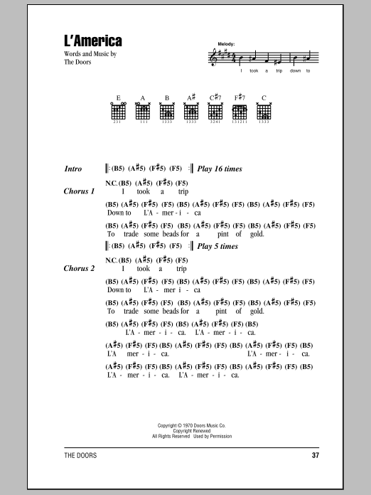 The Doors L'America Sheet Music Notes & Chords for Guitar Chords/Lyrics - Download or Print PDF