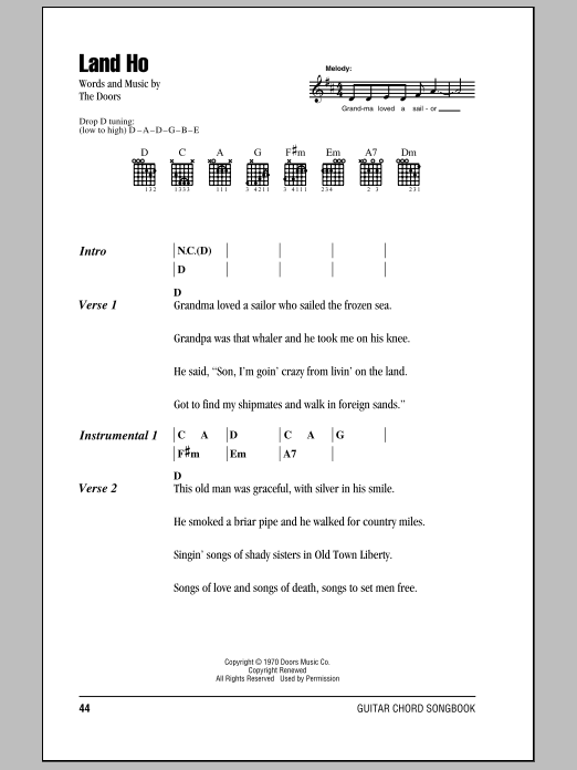 The Doors Land Ho Sheet Music Notes & Chords for Guitar Chords/Lyrics - Download or Print PDF