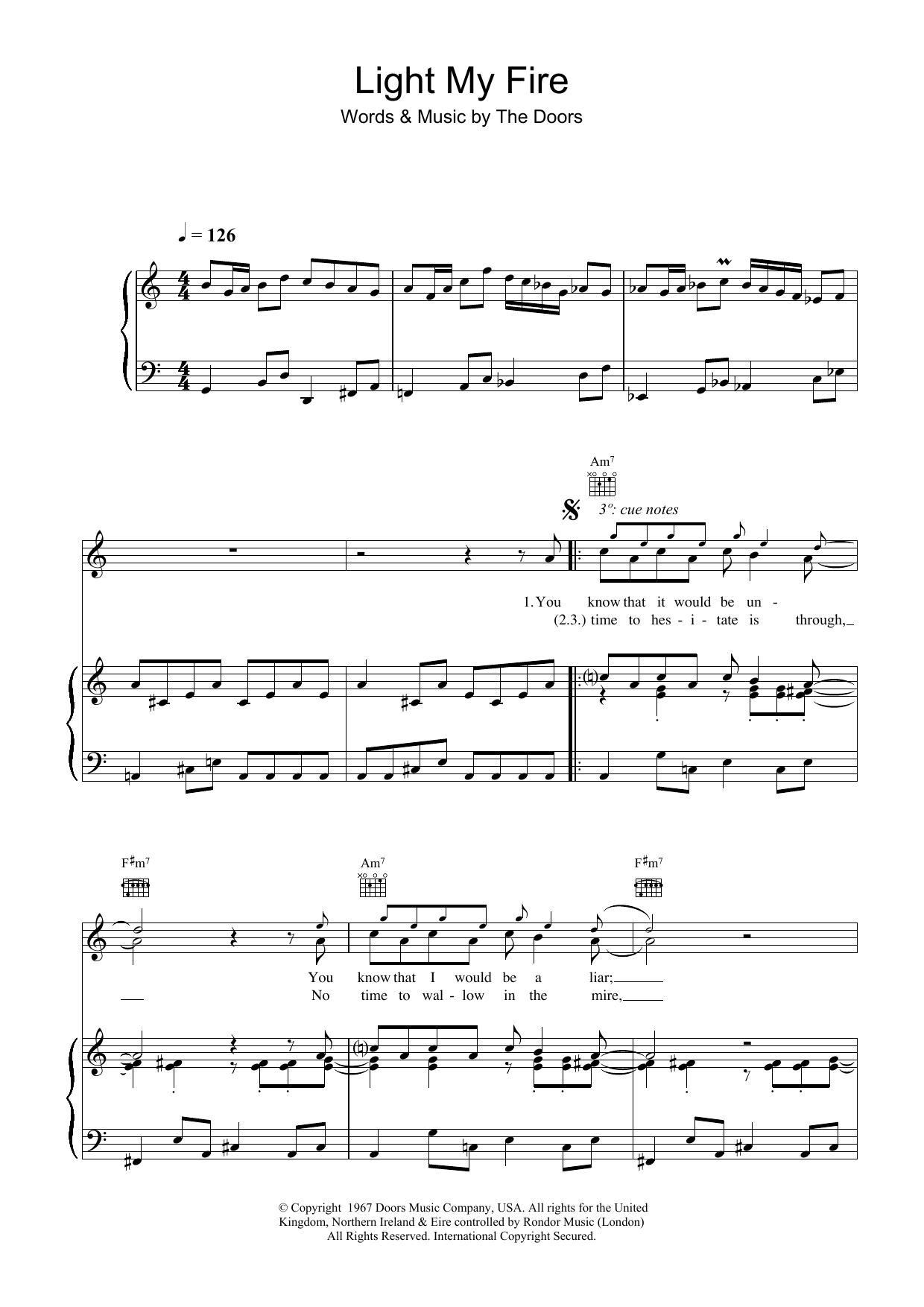 The Doors Light My Fire Sheet Music Notes & Chords for Piano, Vocal & Guitar (Right-Hand Melody) - Download or Print PDF