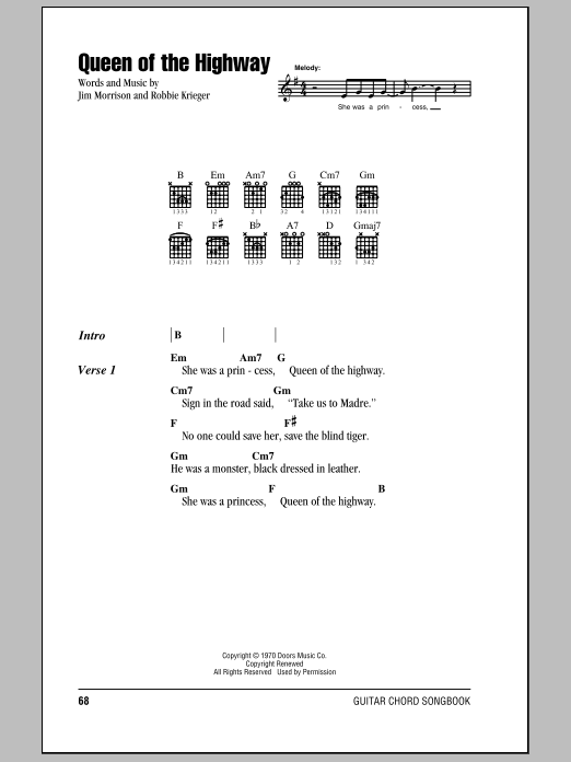 The Doors Queen Of The Highway Sheet Music Notes & Chords for Guitar Chords/Lyrics - Download or Print PDF