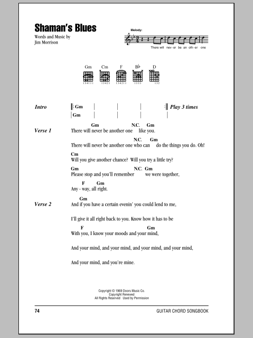The Doors Shaman's Blues Sheet Music Notes & Chords for Guitar Chords/Lyrics - Download or Print PDF