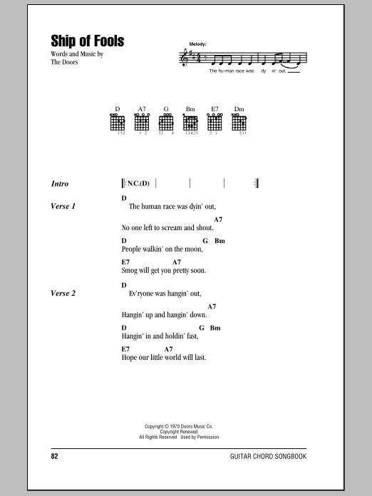 The Doors Ship Of Fools Sheet Music Notes & Chords for Guitar Chords/Lyrics - Download or Print PDF