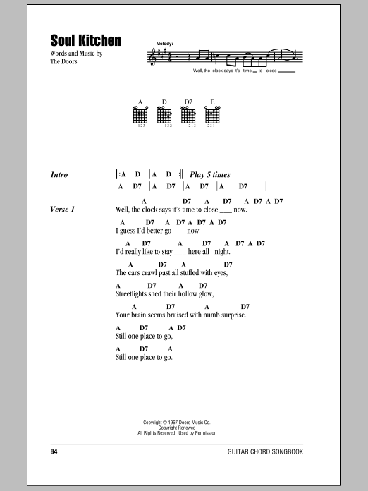 The Doors Soul Kitchen Sheet Music Notes & Chords for Guitar Chords/Lyrics - Download or Print PDF