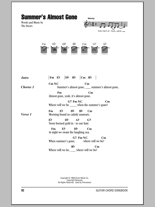 The Doors Summer's Almost Gone Sheet Music Notes & Chords for Guitar Chords/Lyrics - Download or Print PDF