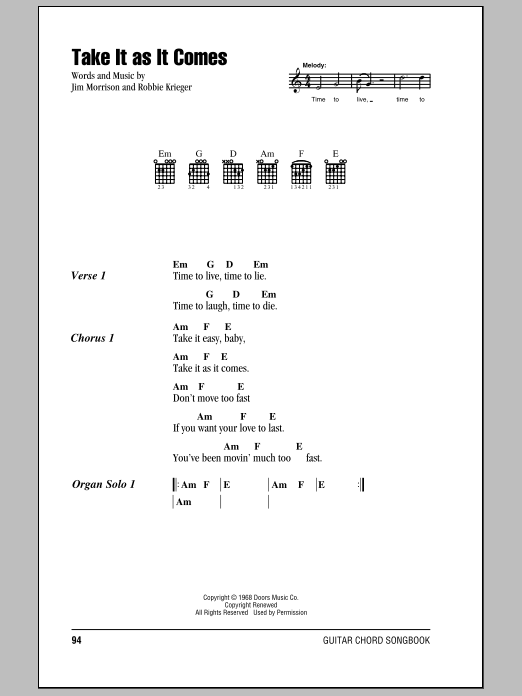 The Doors Take It As It Comes Sheet Music Notes & Chords for Guitar Chords/Lyrics - Download or Print PDF