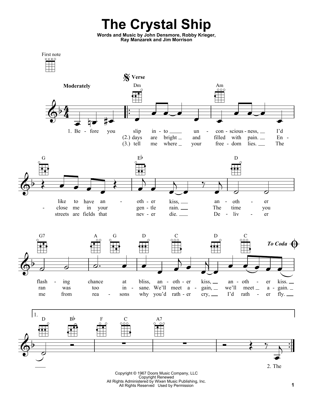 The Doors The Crystal Ship Sheet Music Notes & Chords for Ukulele - Download or Print PDF