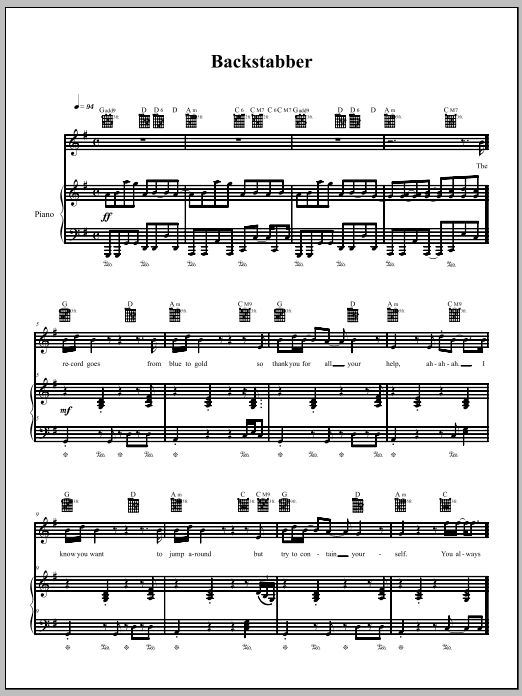 The Dresden Dolls Backstabber Sheet Music Notes & Chords for Piano, Vocal & Guitar (Right-Hand Melody) - Download or Print PDF