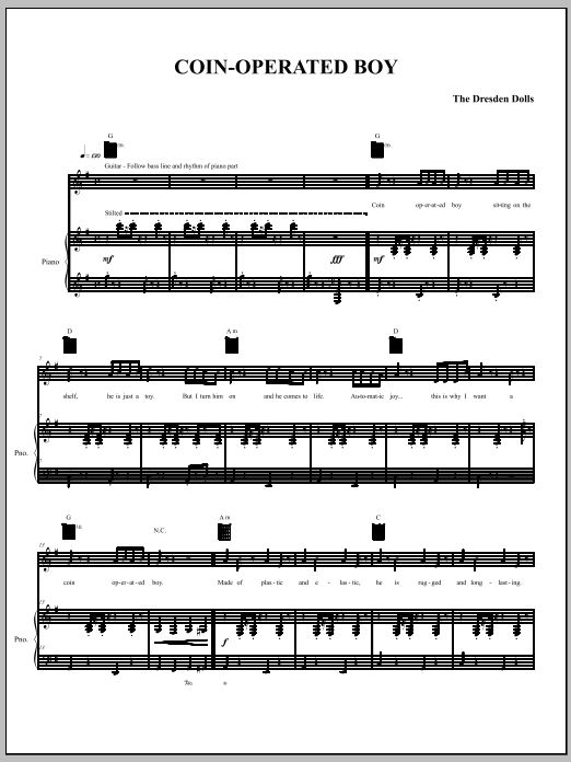 The Dresden Dolls Coin-Operated Boy Sheet Music Notes & Chords for Piano, Vocal & Guitar (Right-Hand Melody) - Download or Print PDF