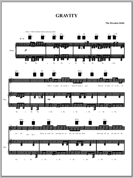 The Dresden Dolls Gravity Sheet Music Notes & Chords for Piano, Vocal & Guitar (Right-Hand Melody) - Download or Print PDF