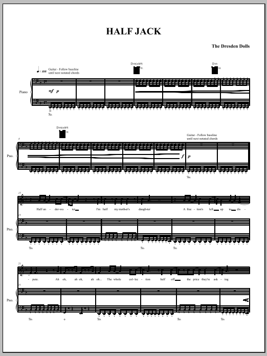 The Dresden Dolls Half Jack Sheet Music Notes & Chords for Piano, Vocal & Guitar (Right-Hand Melody) - Download or Print PDF