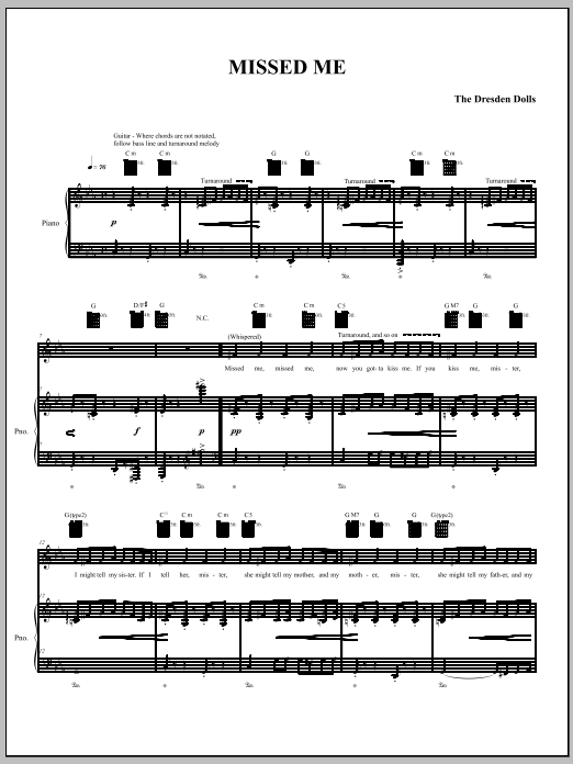 The Dresden Dolls Missed Me Sheet Music Notes & Chords for Piano, Vocal & Guitar (Right-Hand Melody) - Download or Print PDF