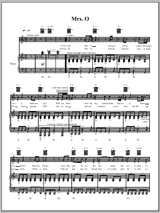 The Dresden Dolls Mrs. O Sheet Music Notes & Chords for Piano, Vocal & Guitar (Right-Hand Melody) - Download or Print PDF