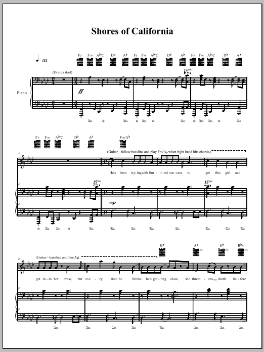 The Dresden Dolls Shores Of California Sheet Music Notes & Chords for Piano, Vocal & Guitar (Right-Hand Melody) - Download or Print PDF