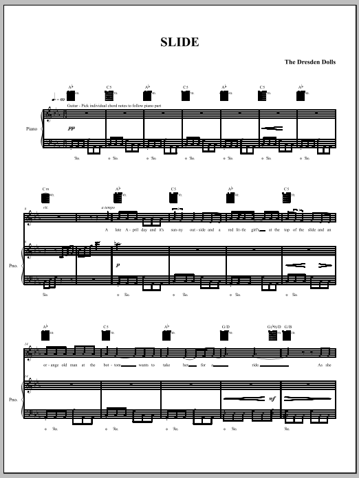 The Dresden Dolls Slide Sheet Music Notes & Chords for Piano, Vocal & Guitar (Right-Hand Melody) - Download or Print PDF