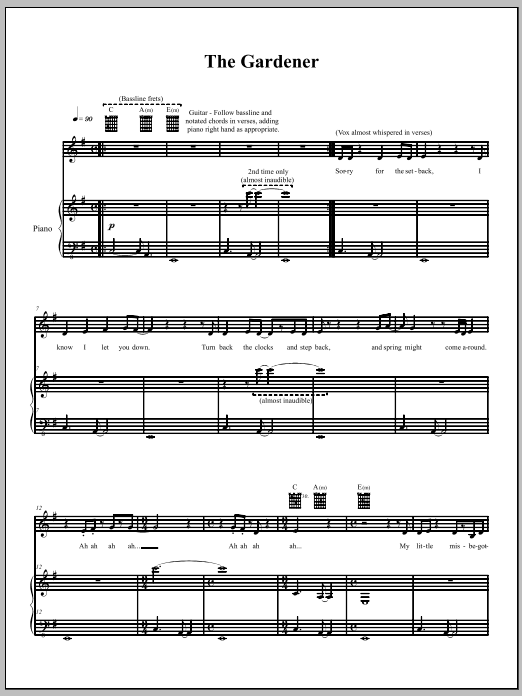 The Dresden Dolls The Gardener Sheet Music Notes & Chords for Piano, Vocal & Guitar (Right-Hand Melody) - Download or Print PDF