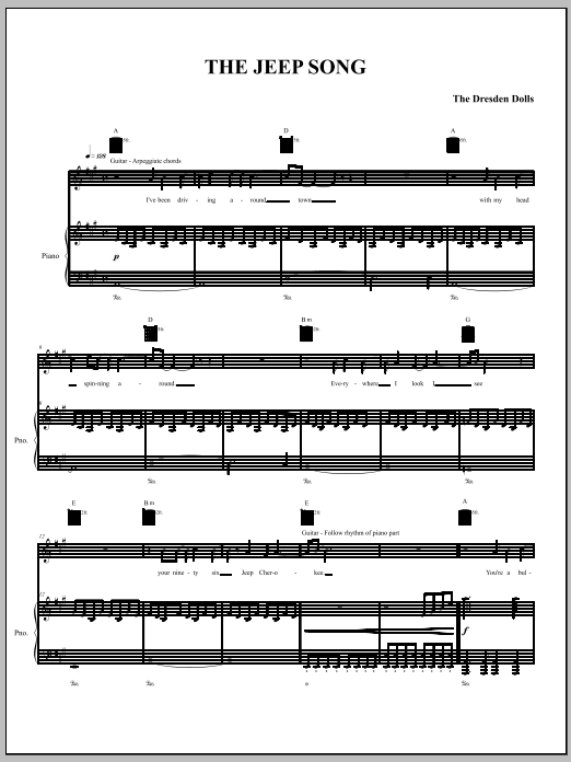 The Dresden Dolls The Jeep Song Sheet Music Notes & Chords for Piano, Vocal & Guitar (Right-Hand Melody) - Download or Print PDF