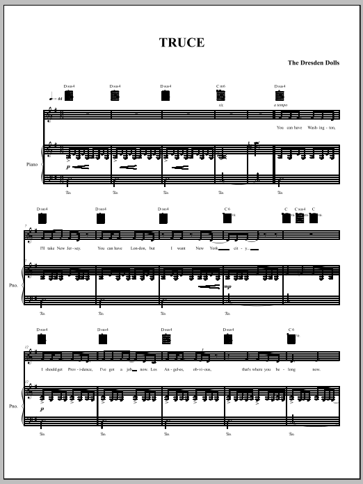 The Dresden Dolls Truce Sheet Music Notes & Chords for Piano, Vocal & Guitar (Right-Hand Melody) - Download or Print PDF