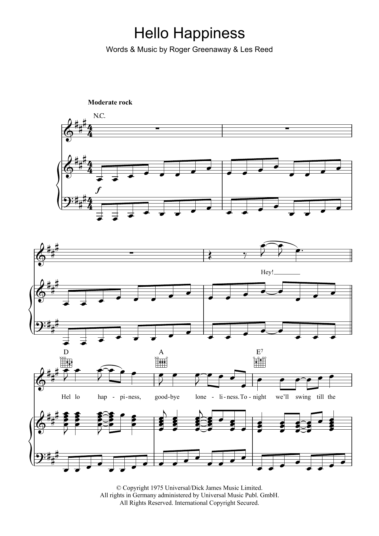 The Drifters Hello Happiness Sheet Music Notes & Chords for Piano, Vocal & Guitar (Right-Hand Melody) - Download or Print PDF