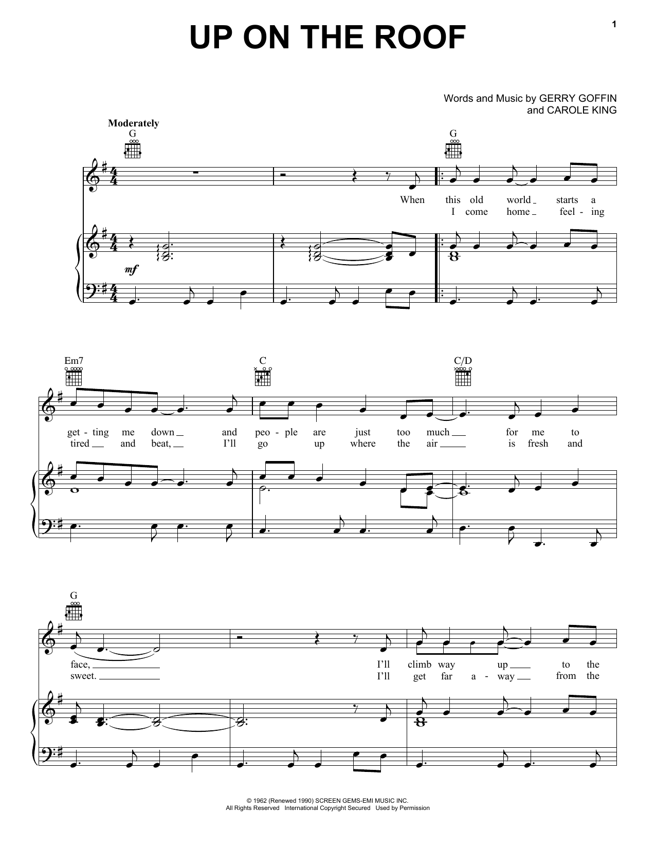 The Drifters Up On The Roof Sheet Music Notes & Chords for Piano, Vocal & Guitar (Right-Hand Melody) - Download or Print PDF