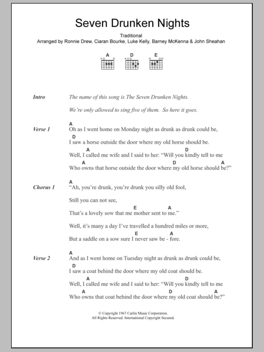 The Dubliners Seven Drunken Nights Sheet Music Notes & Chords for Lyrics & Chords - Download or Print PDF