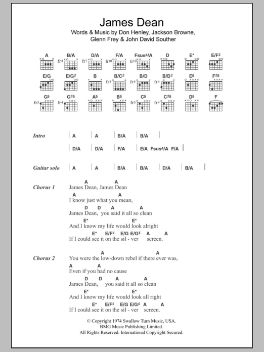 Eagles James Dean Sheet Music Notes & Chords for Lyrics & Chords - Download or Print PDF