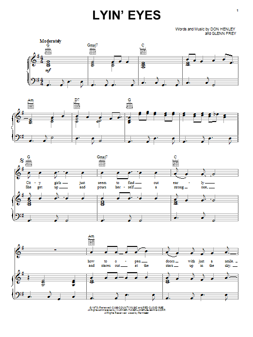 Eagles Lyin' Eyes Sheet Music Notes & Chords for Piano, Vocal & Guitar (Right-Hand Melody) - Download or Print PDF