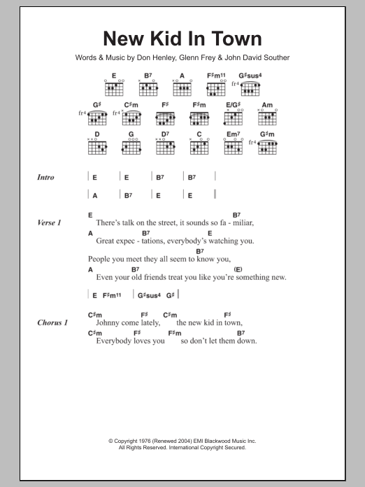 Eagles New Kid In Town Sheet Music Notes & Chords for Lyrics & Chords - Download or Print PDF