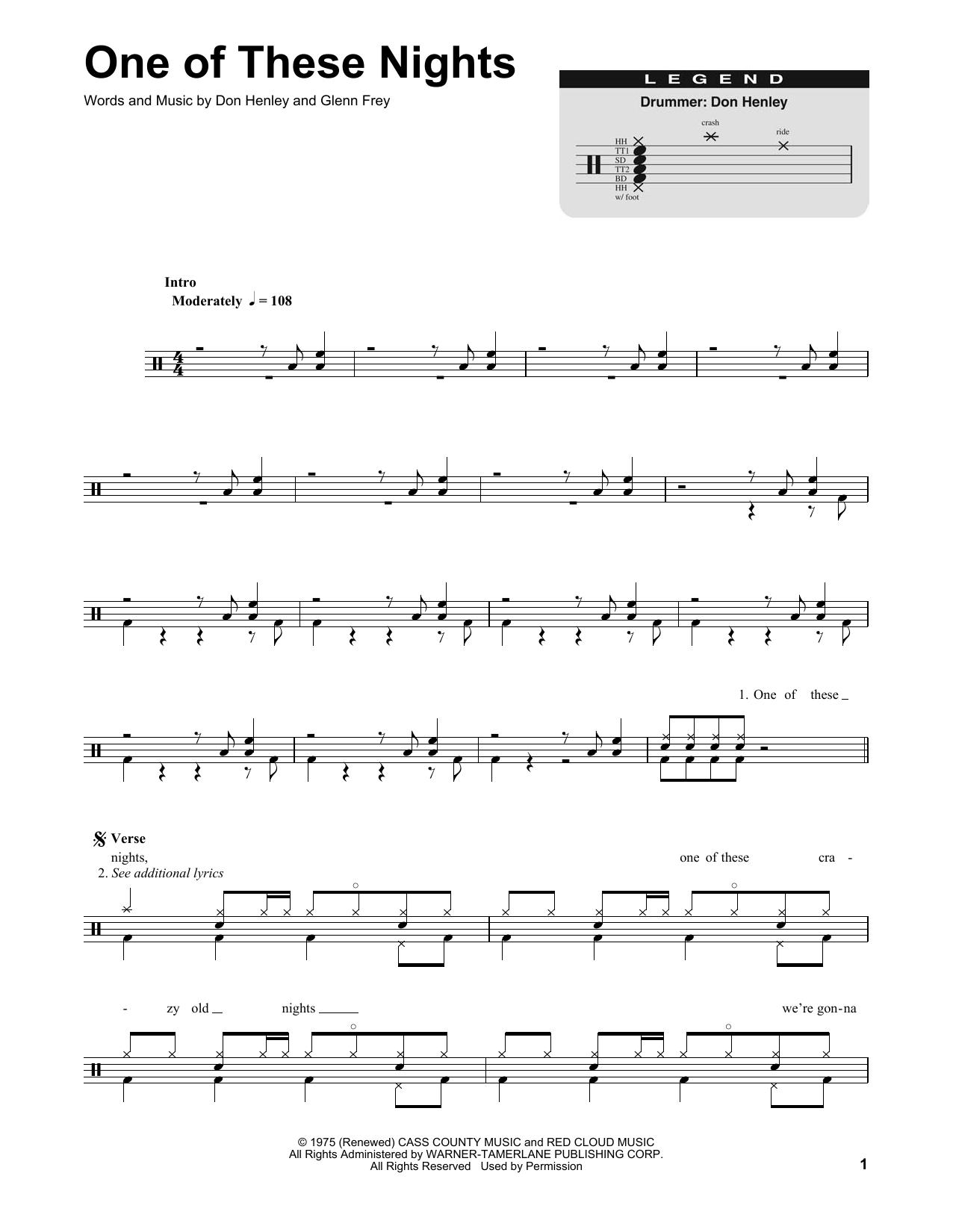 Eagles One Of These Nights Sheet Music Notes & Chords for Drums Transcription - Download or Print PDF