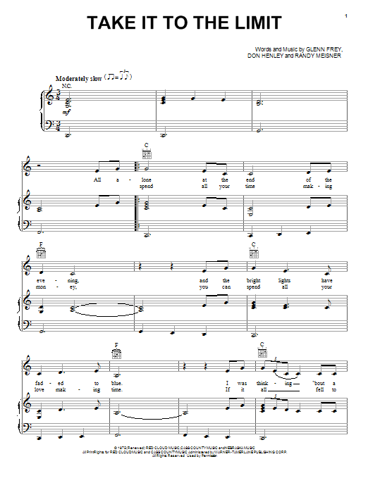 Eagles Take It To The Limit Sheet Music Notes & Chords for Piano, Vocal & Guitar (Right-Hand Melody) - Download or Print PDF
