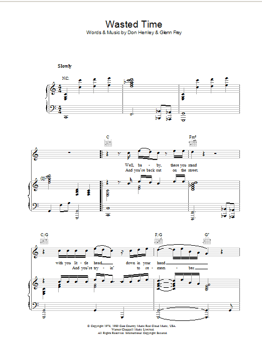 Eagles Wasted Time Sheet Music Notes & Chords for Piano, Vocal & Guitar (Right-Hand Melody) - Download or Print PDF