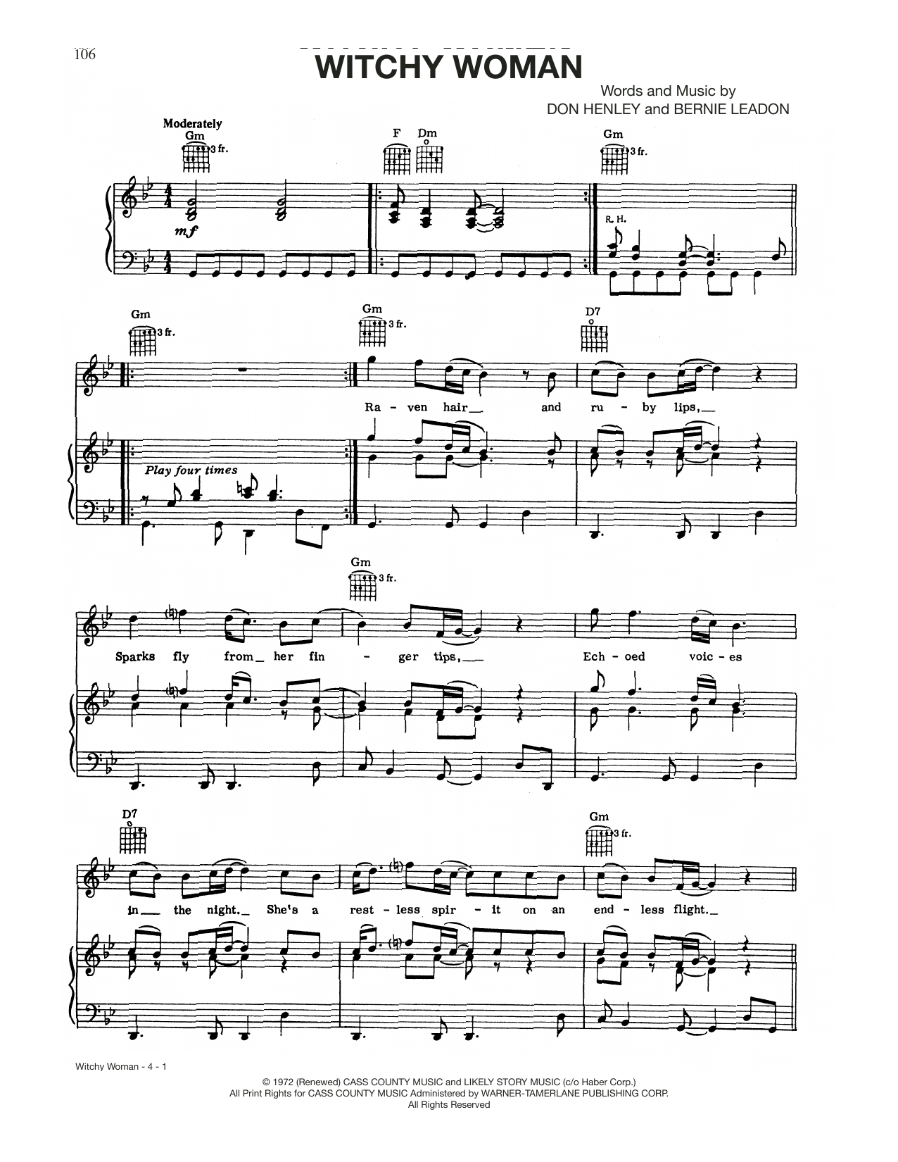 The Eagles Witchy Woman Sheet Music Notes & Chords for Piano, Vocal & Guitar Chords (Right-Hand Melody) - Download or Print PDF