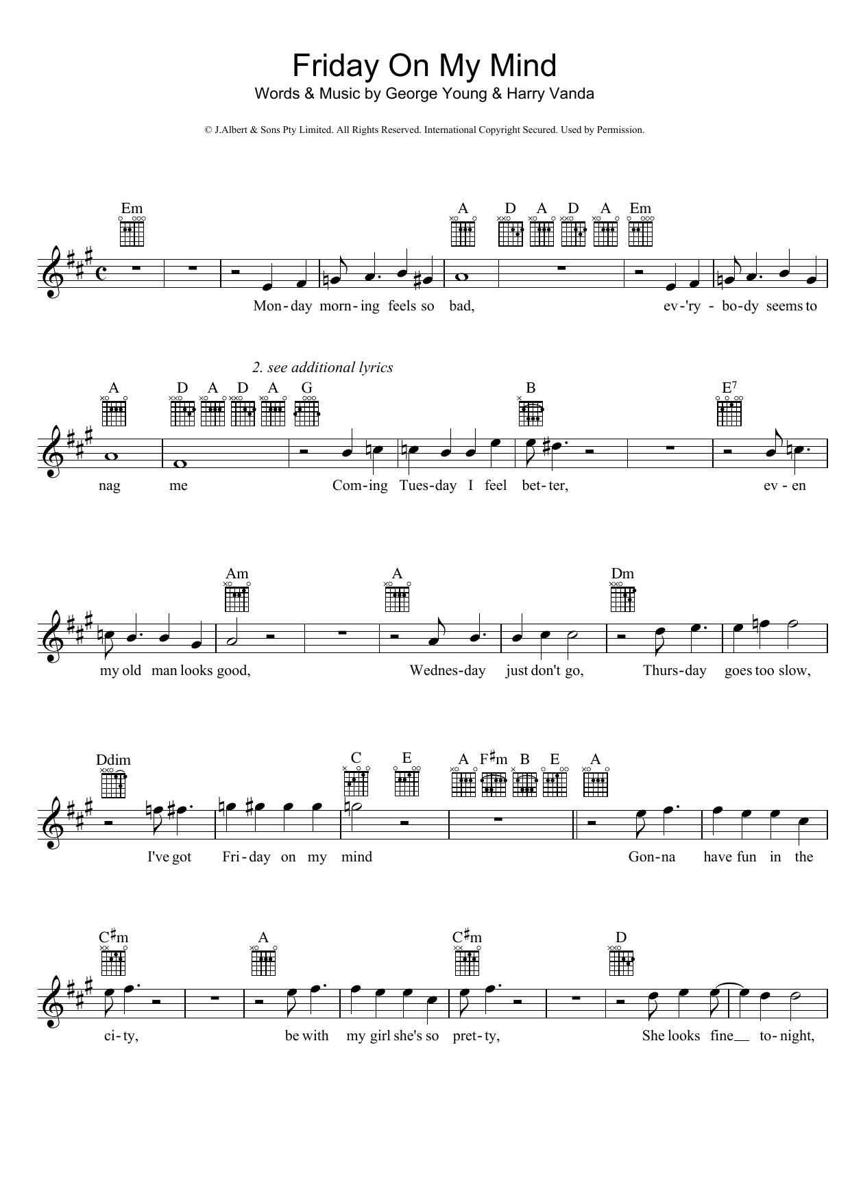 The Easybeats Friday On My Mind Sheet Music Notes & Chords for Melody Line, Lyrics & Chords - Download or Print PDF