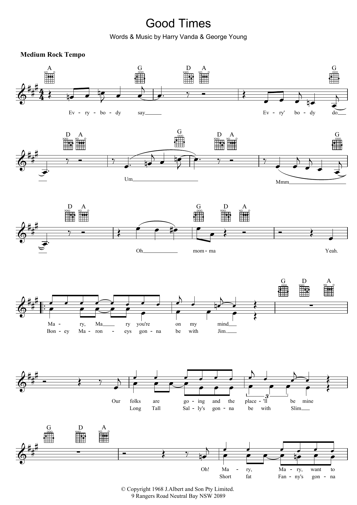 The Easybeats Good Times Sheet Music Notes & Chords for Melody Line, Lyrics & Chords - Download or Print PDF
