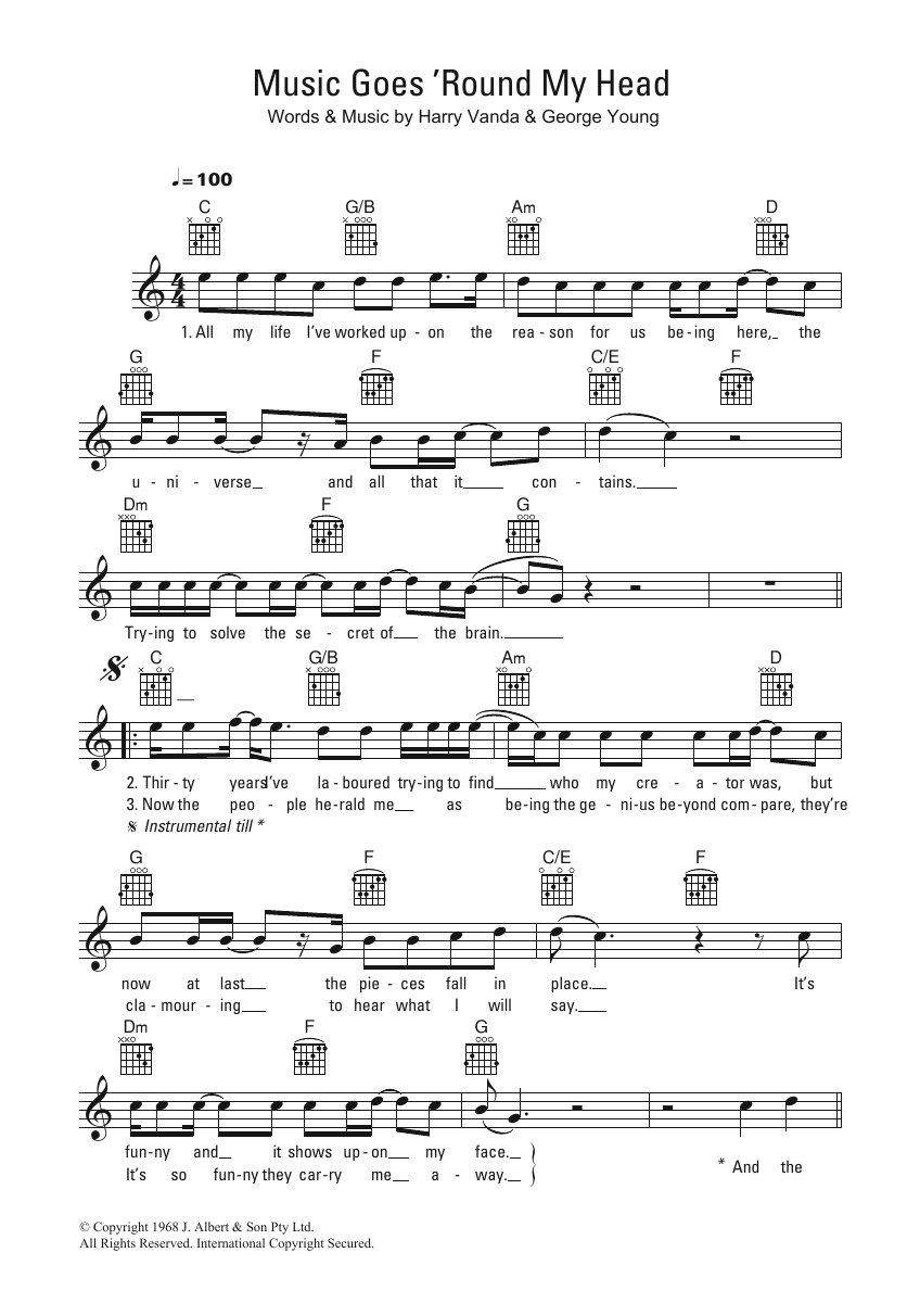 The Easybeats Music Goes 'Round My Head Sheet Music Notes & Chords for Melody Line, Lyrics & Chords - Download or Print PDF