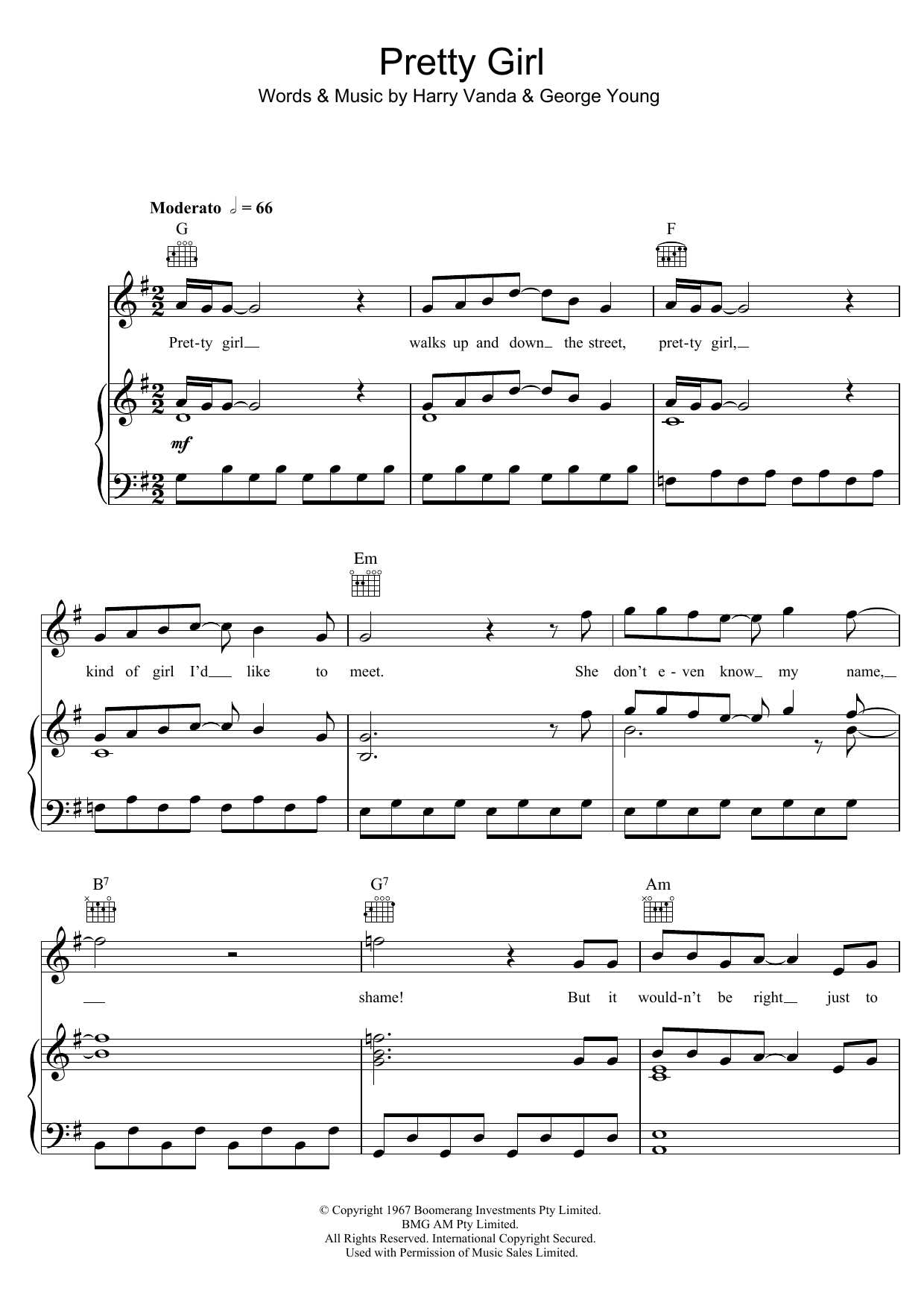The Easybeats Pretty Girl Sheet Music Notes & Chords for Piano, Vocal & Guitar (Right-Hand Melody) - Download or Print PDF