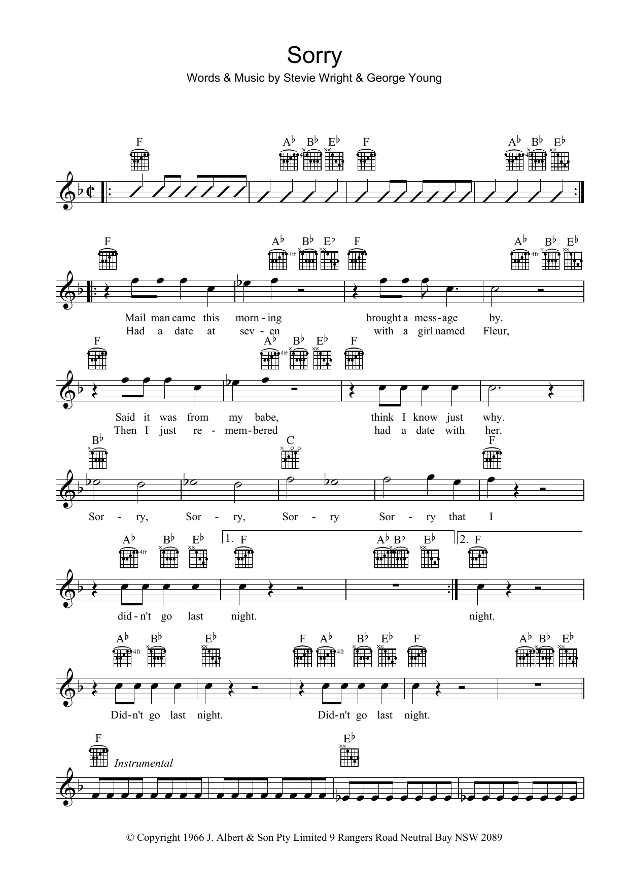 The Easybeats Sorry Sheet Music Notes & Chords for Melody Line, Lyrics & Chords - Download or Print PDF
