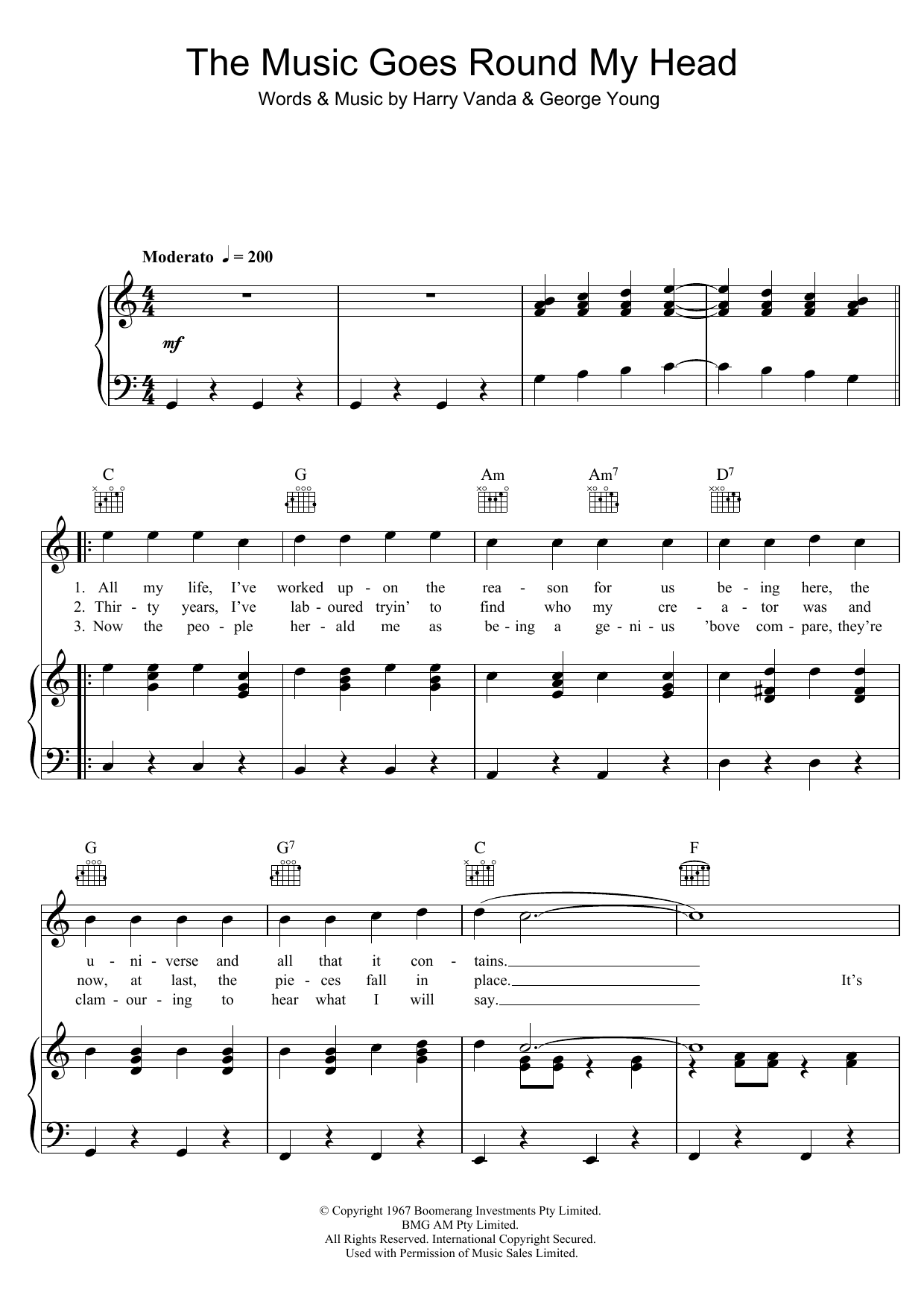 The Easybeats The Music Goes Round My Head Sheet Music Notes & Chords for Piano, Vocal & Guitar (Right-Hand Melody) - Download or Print PDF