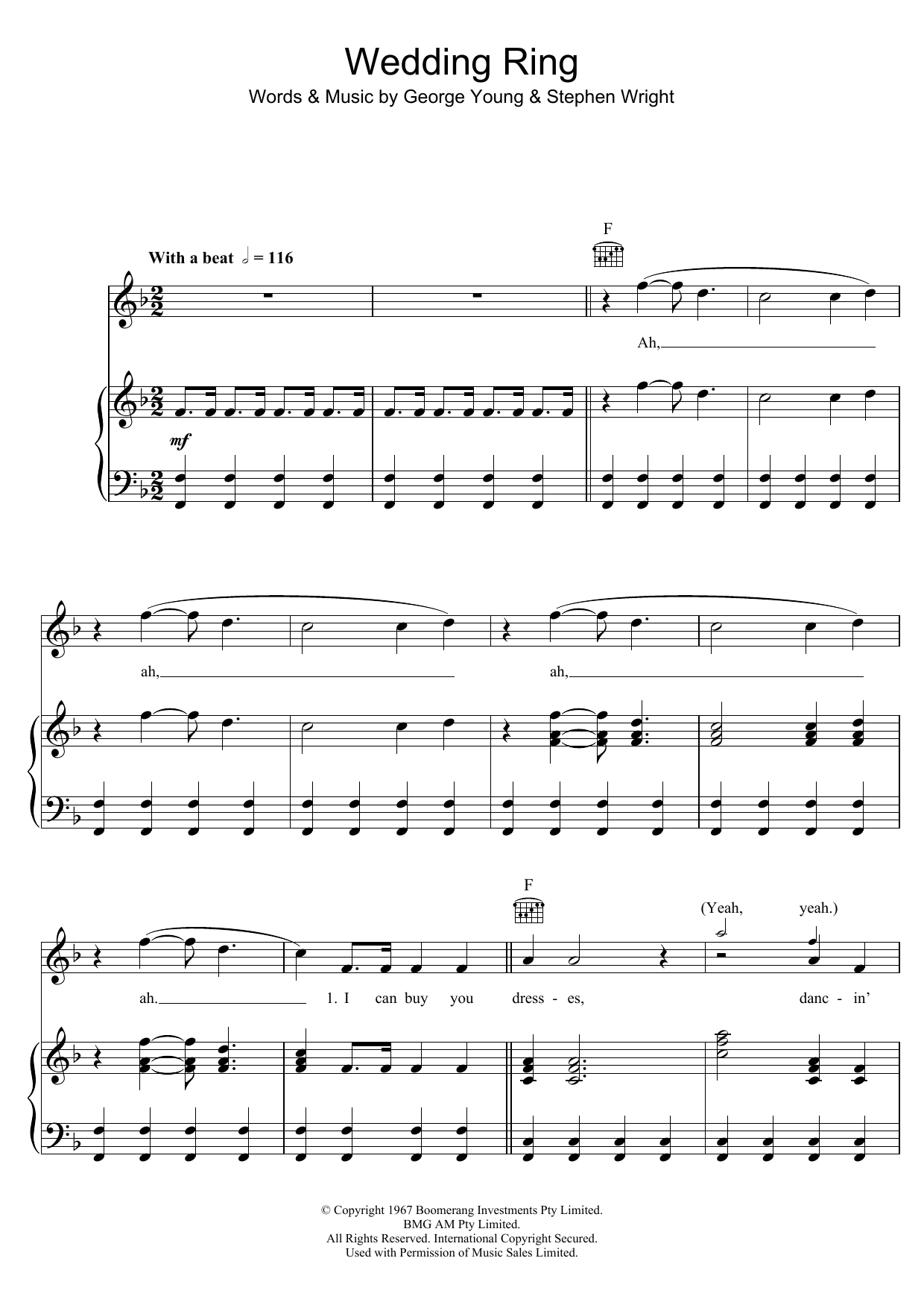 The Easybeats Wedding Ring Sheet Music Notes & Chords for Piano, Vocal & Guitar (Right-Hand Melody) - Download or Print PDF