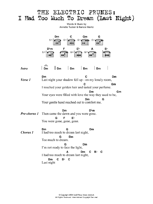 The Electric Prunes I Had Too Much To Dream (Last Night) Sheet Music Notes & Chords for Lyrics & Chords - Download or Print PDF