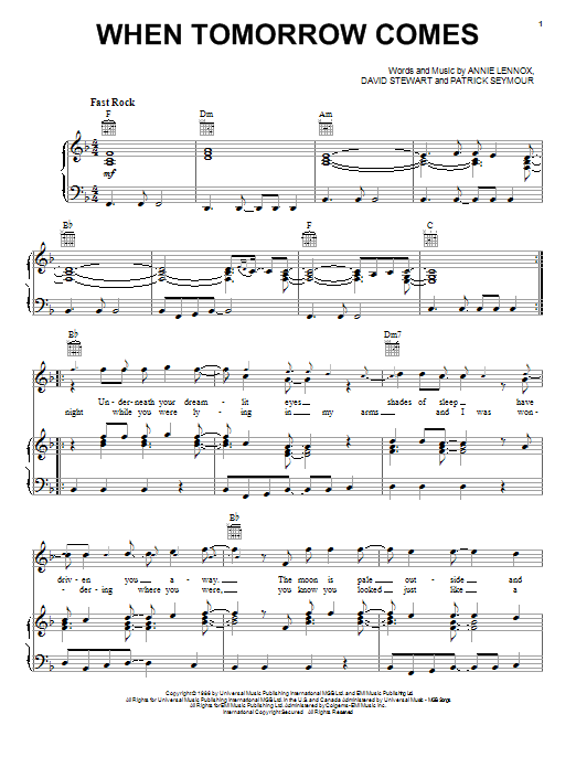 Eurythmics When Tomorrow Comes Sheet Music Notes & Chords for Piano, Vocal & Guitar (Right-Hand Melody) - Download or Print PDF